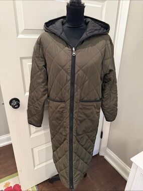 Lucky Brand Quilted Hooded Long Puffer in Olive Green